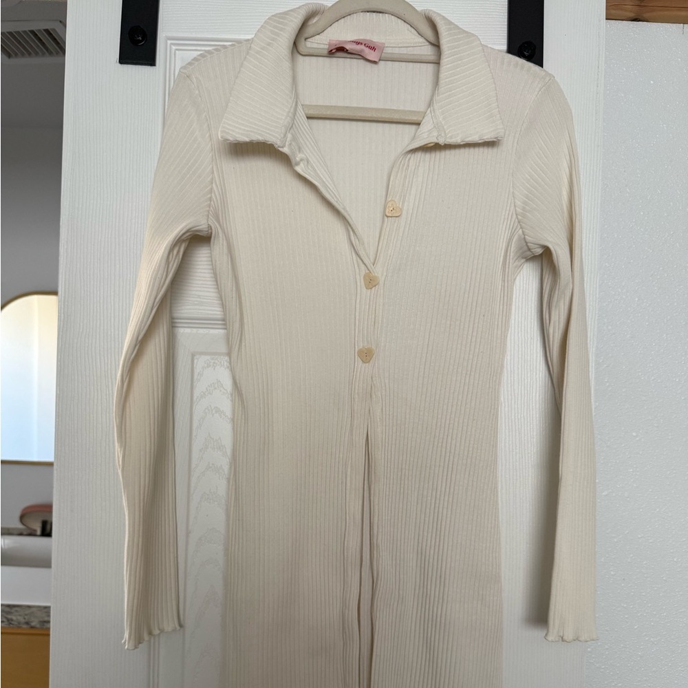 Cream Ribbed Long Sleeve Top